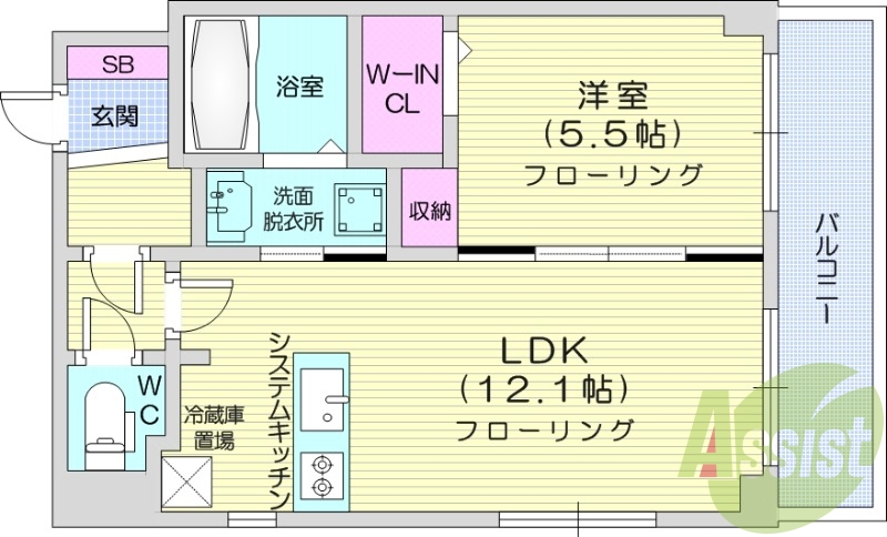 1LDK、エアコン、灯油暖房、システムキッチン