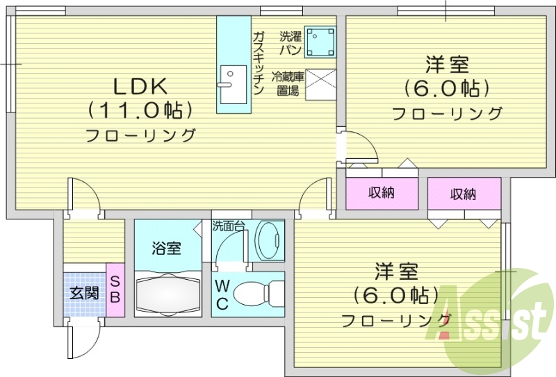 2LDK、角部屋、トイレ風呂別、灯油暖房、独立洗面台