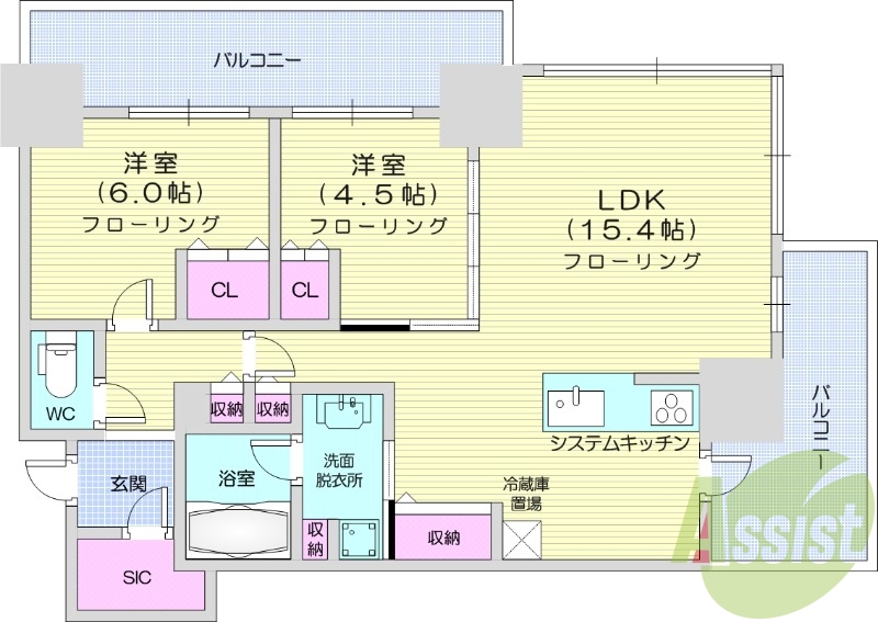 2LDK、エアコン、システムキッチン、クローゼット