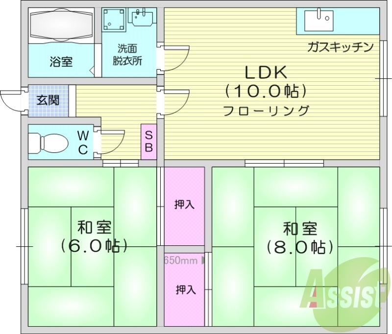 2LDK、バストイレ別、独立洗面台、ガス給湯