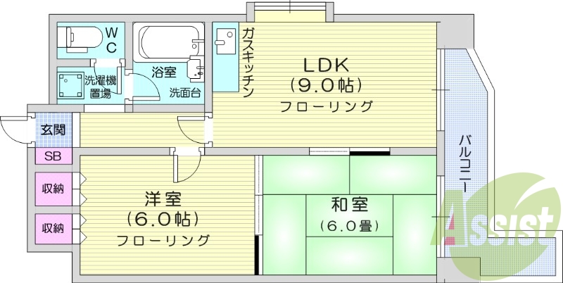 2DK、バルコニー、ネット使用料不要