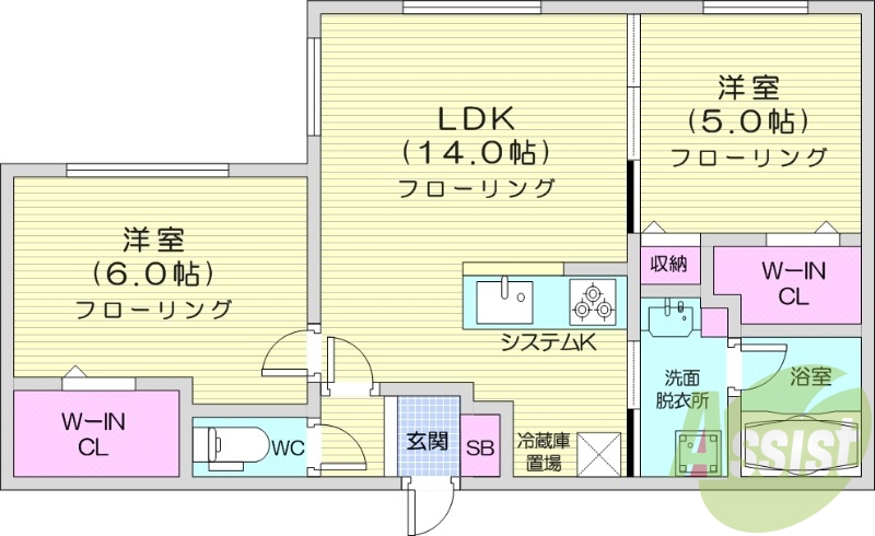 2LDK、都市ガス、エアコン、独立洗面台、システムキッチン