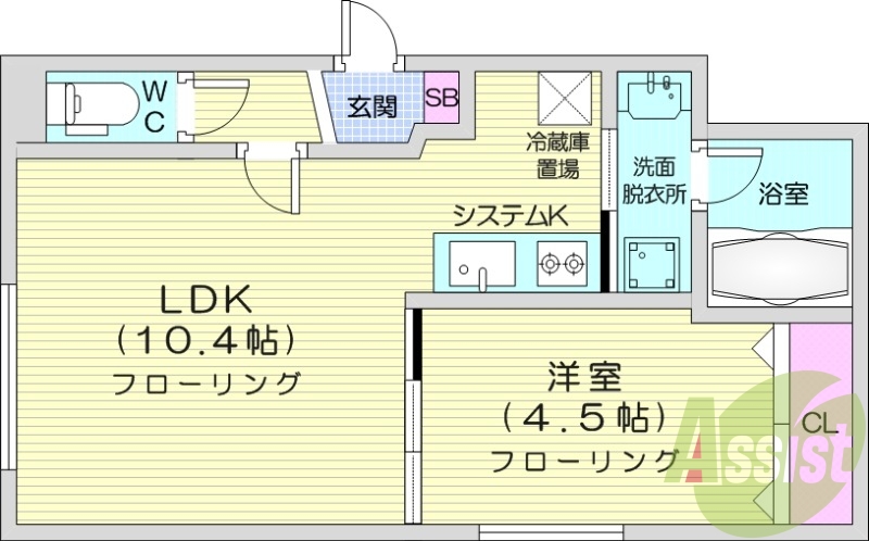 1LDK、都市ガス、エアコン、独立洗面台、システムキッチン