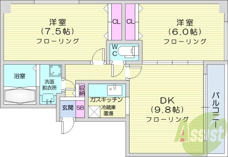 2DK、角部屋、オートロック、光ファイバー