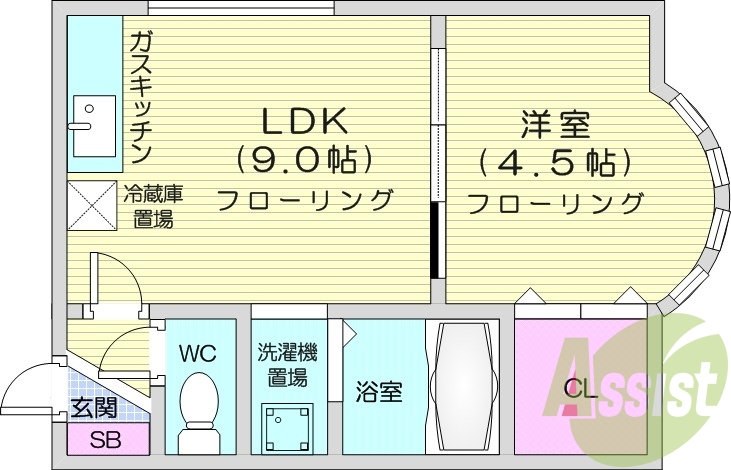 1LDK、バストイレ別、灯油暖房、トランクルーム