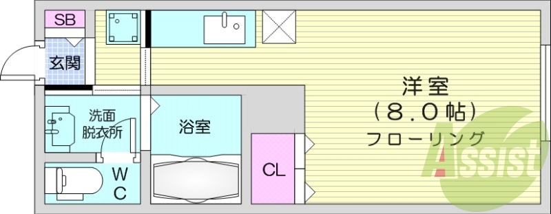 1K、エアコン、独立洗面台、ガス暖房