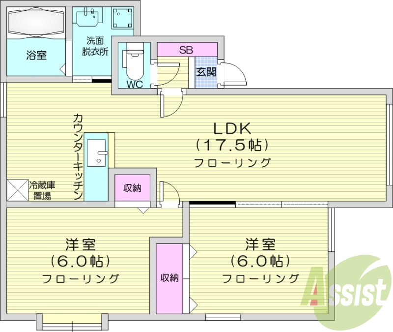 2LDK、ガスキッチン、独立洗面台