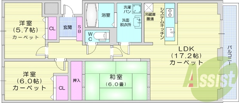 3LDK、都市ガス、トランクルーム、モニタ付インターホン