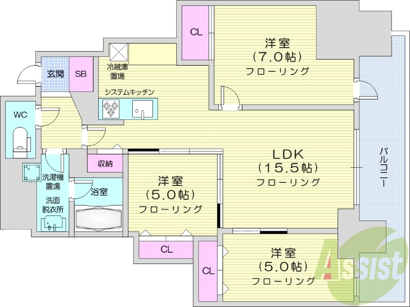 3LDK、都市ガス、追い焚き、浴室乾燥機、システムキッチン