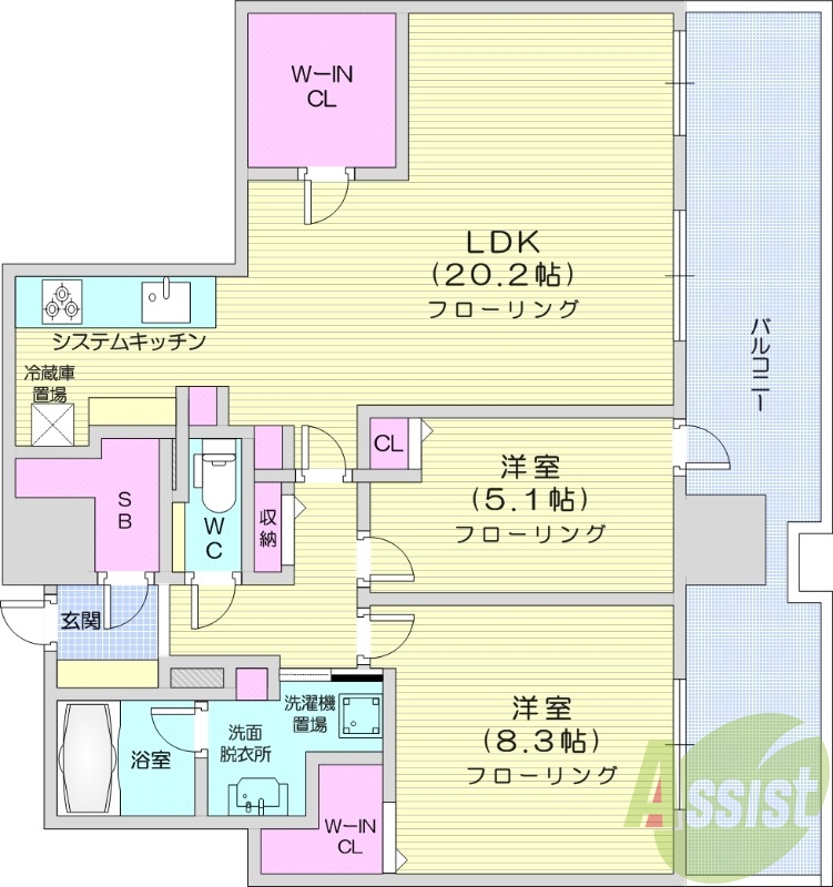 2LDK、都市ガス、オートロック、システムキッチン