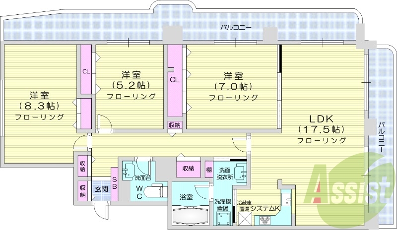 3LDK、エアコン、灯油暖房、システムキッチン