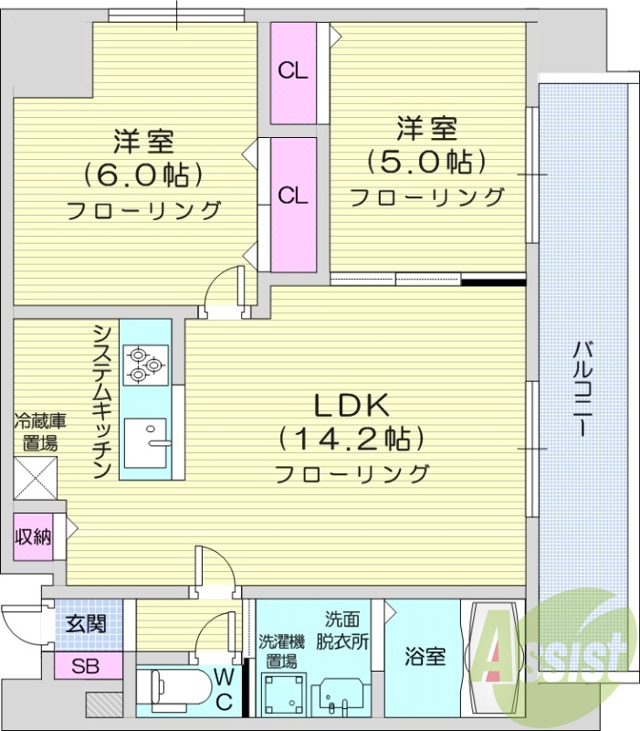 2LDK、収納、洗濯機置場、暖房設備、都市ガス
