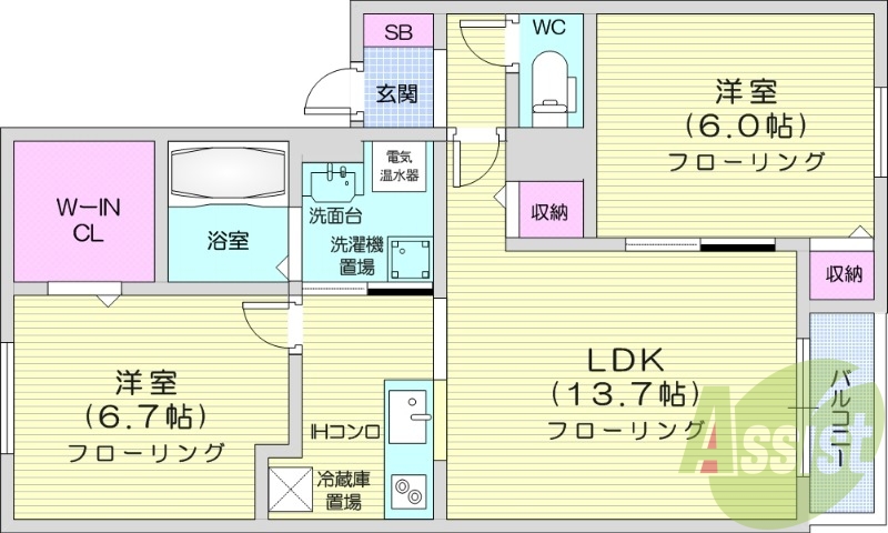2LDK、オール電化、インターネット無料、エアコン