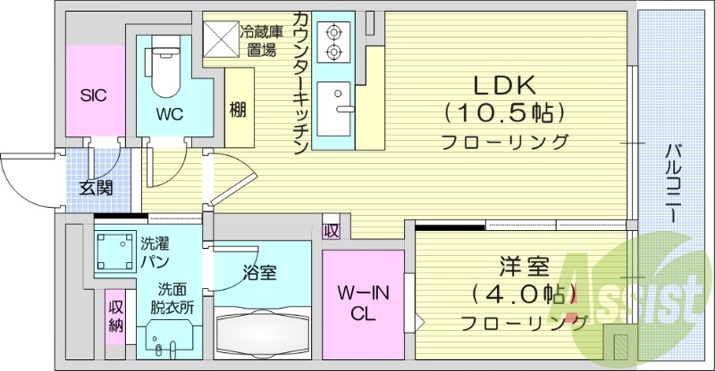 1LDK、最上階、浴室乾燥機、WIC、バストイレ別