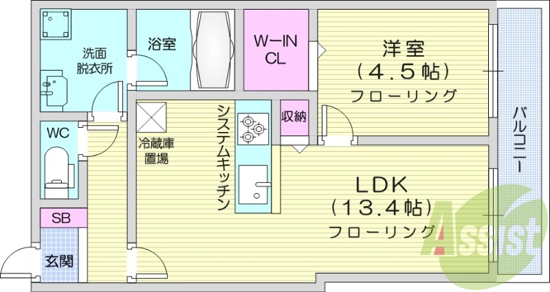 1LDK、システムキッチン、シャワートイレ、追い焚き