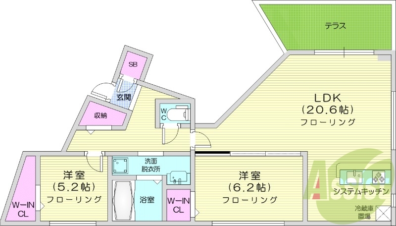 2LDK、都市ガス、システムキッチン、エアコン、ペット可