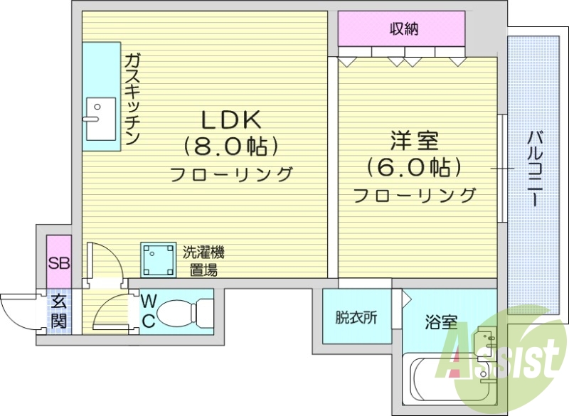 1LDK、収納、洗濯機置場、ガス暖房、エアコン