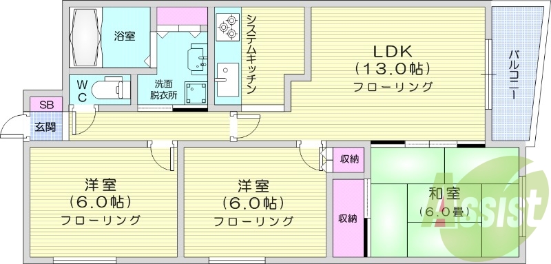 3LDK、オートロック、防犯カメラ、南向き、風呂トイレ別、