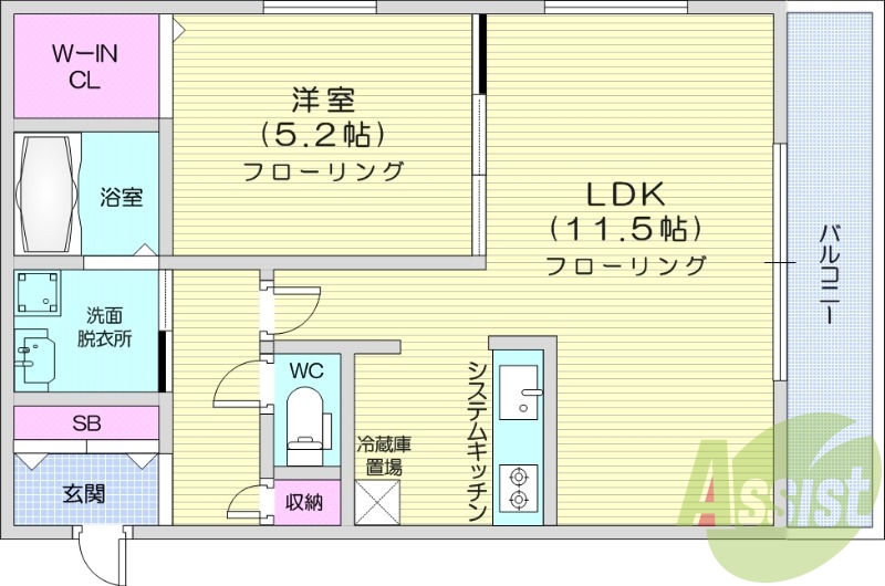 1LDK、都市ガス、エアコン、システムキッチン、追い焚き