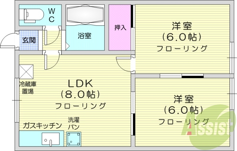 2LDK、灯油暖房、温水洗浄便座、バストイレ別