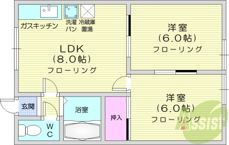 2LDK、灯油暖房、室内洗濯機置場、バストイレ別