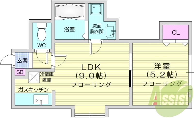 1LDK、独立洗面台、TVモニターホン、バス・トイレ別