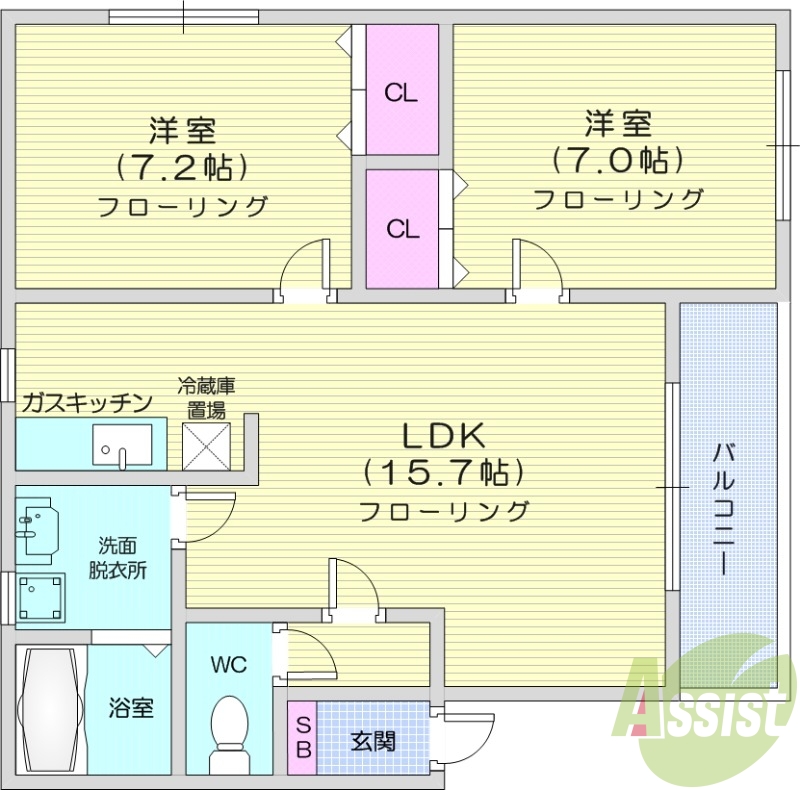 2LDK、灯油暖房、シャンドレ、トイレ風呂別、室内洗濯機置場