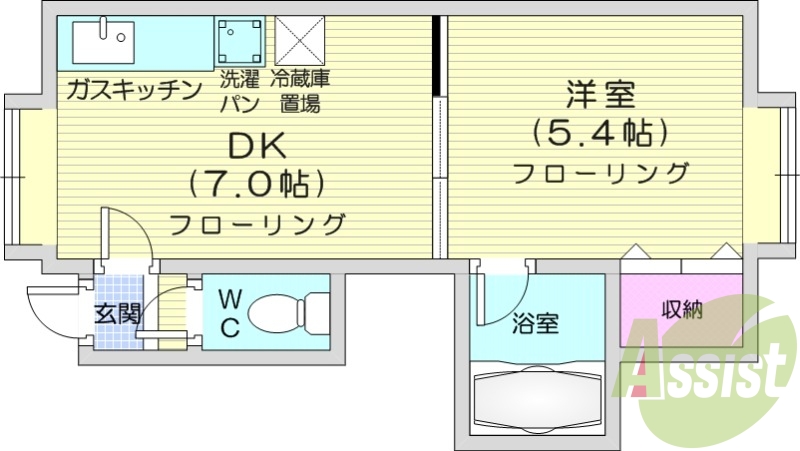 1DK、バストイレ別、エアコン、室内洗濯機置き場