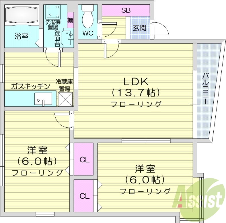 2LDK、トランクルーム、バルコニー、灯油暖房