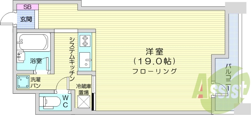 1K、エアコン、都市ガス、システムキッチン、シャワートイレ