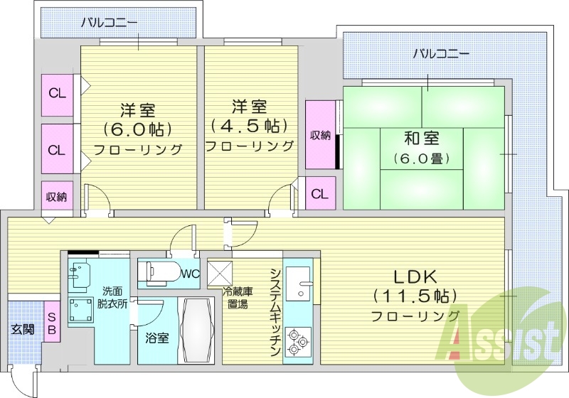 3LDK、収納、都市ガス、ガス暖房、モニターホン
