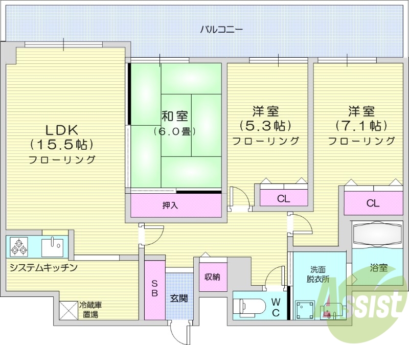3LDK、オートロック、都市ガス、TVモニターホン