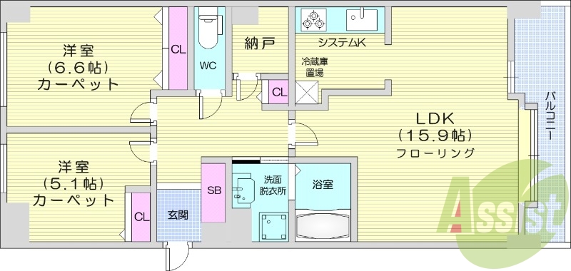 2LDK、オートロック、都市ガス、TVモニターホン