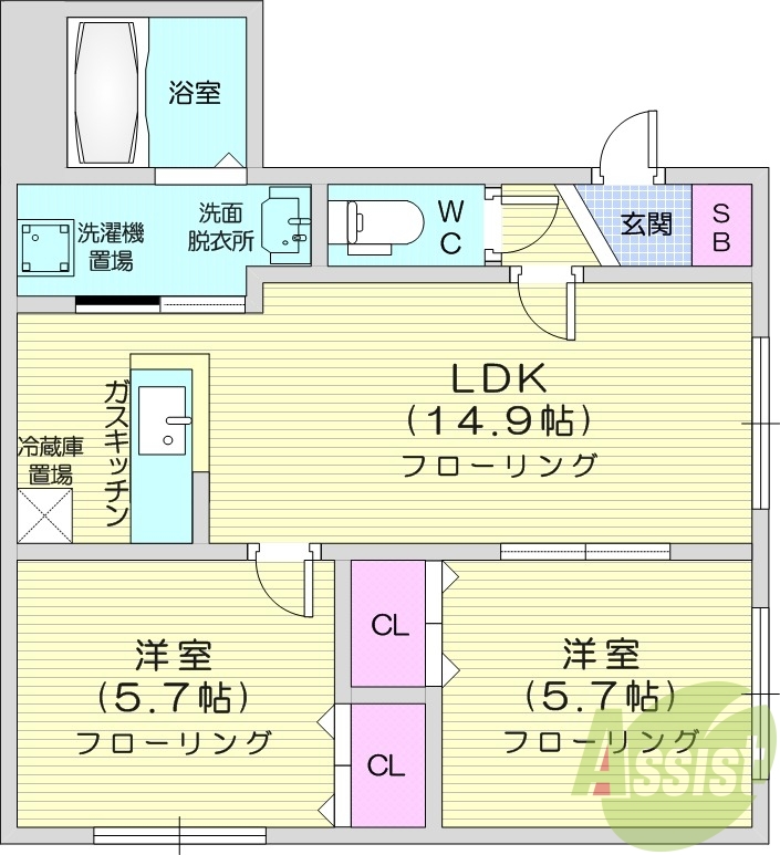 2LDK、対面キッチン、シャワートイレ、独立洗面台