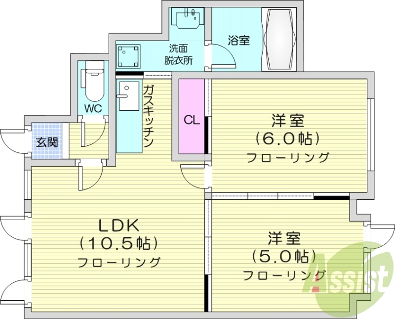 2LDK、収納、角部屋、都市ガス、灯油暖房