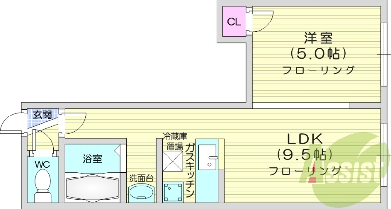 1LDK、バストイレ別、灯油FF暖房、独立洗面台、