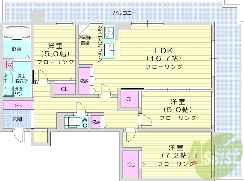3LDK、都市ガス、分譲賃貸、システムキッチン