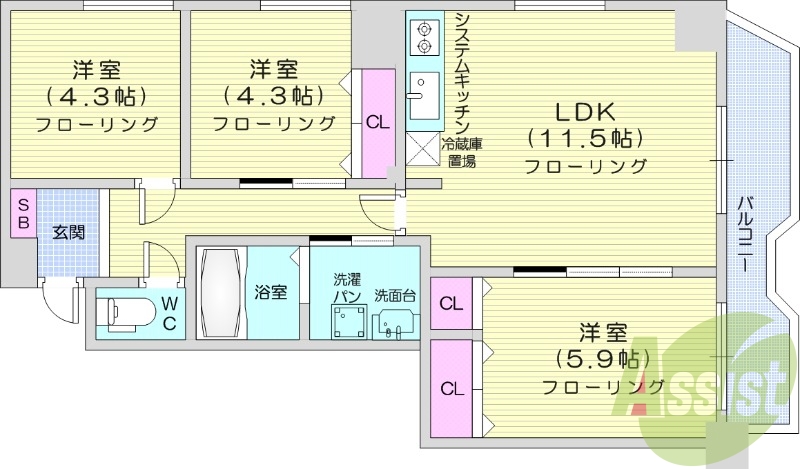 3LDK、都市ガス、シャワートイレ、システムキッチン