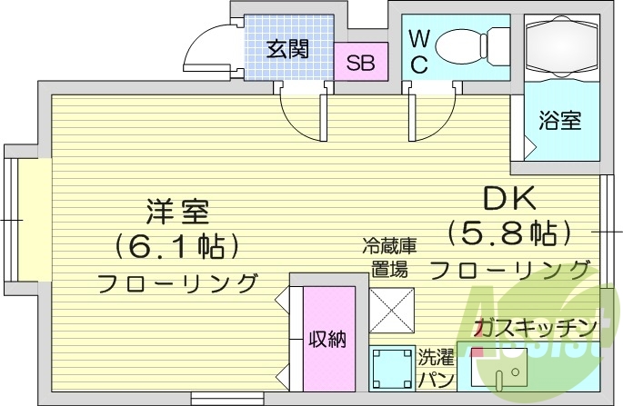 1DK、都市ガス、バストイレ別、暖房灯油FF