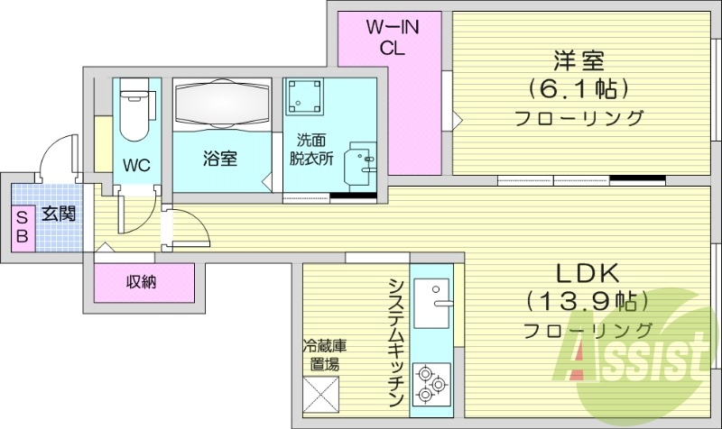 1LDK、都市ガス、エアコン、システムキッチン、追い焚き