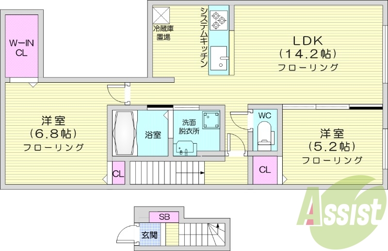 2LDK、都市ガス、エアコン、システムキッチン、追い焚き