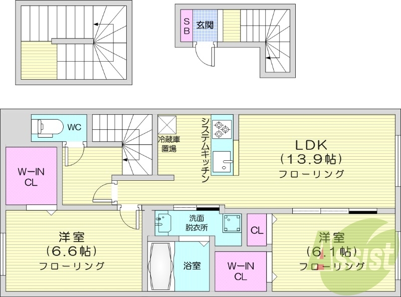 2LDK、都市ガス、エアコン、システムキッチン、追い焚き