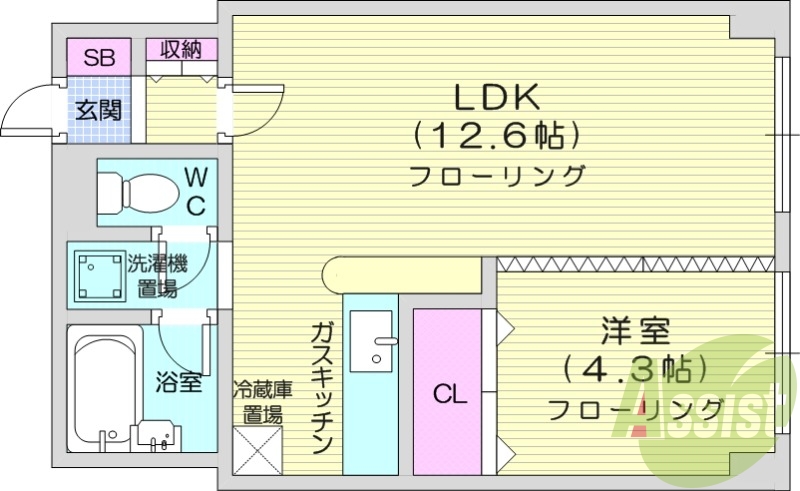 1LDK、灯油暖房、バストイレ別、室内洗濯機置き場