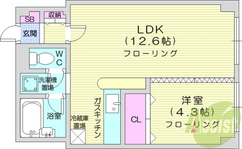 1LDK、灯油暖房、バストイレ別、室内洗濯機置き場