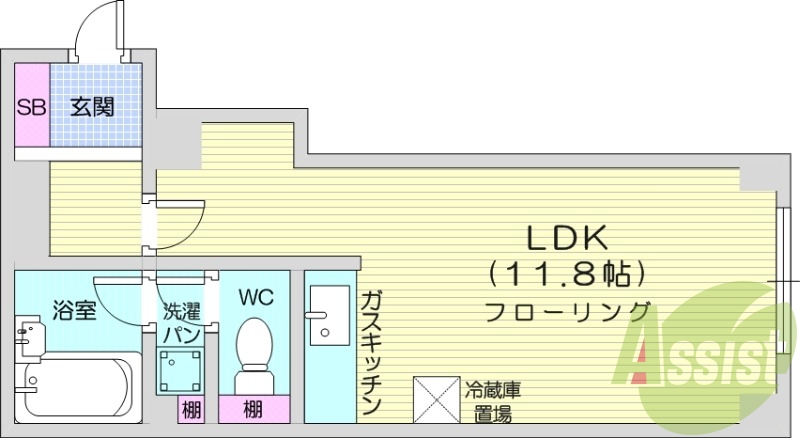 1LDK、灯油暖房、バストイレ別、室内洗濯機置き場