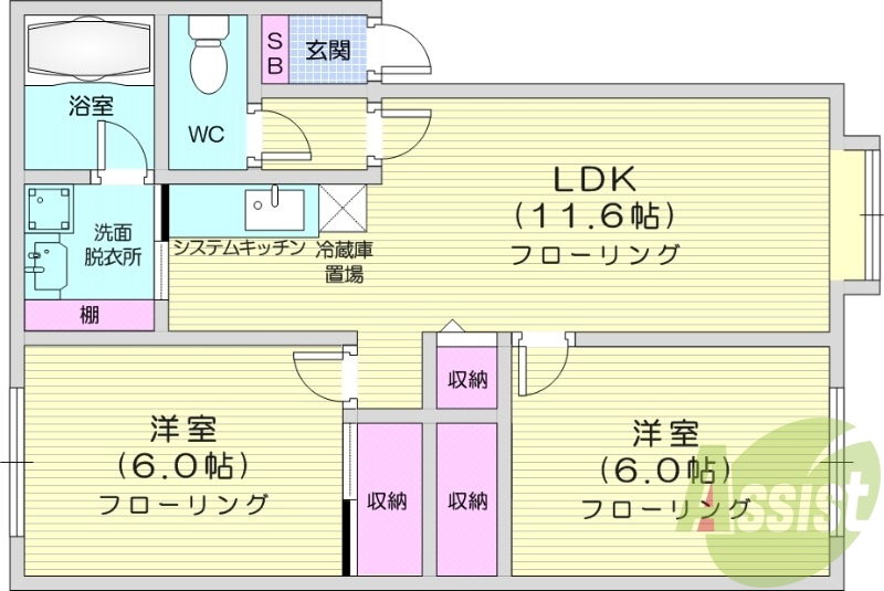 2LDK、敷地内駐車場、灯油暖房、光ファイバー
