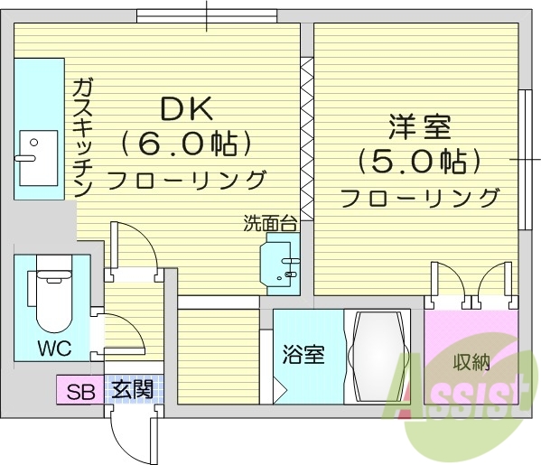 1DK、灯油暖房、シャンプードレッサー、バストイレ別