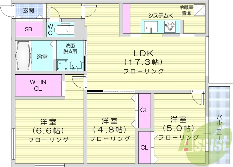 3LDK、都市ガス、エアコン、追い焚き、浴室乾燥機