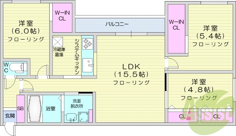 3LDK、都市ガス、エアコン、追い焚き、浴室乾燥機