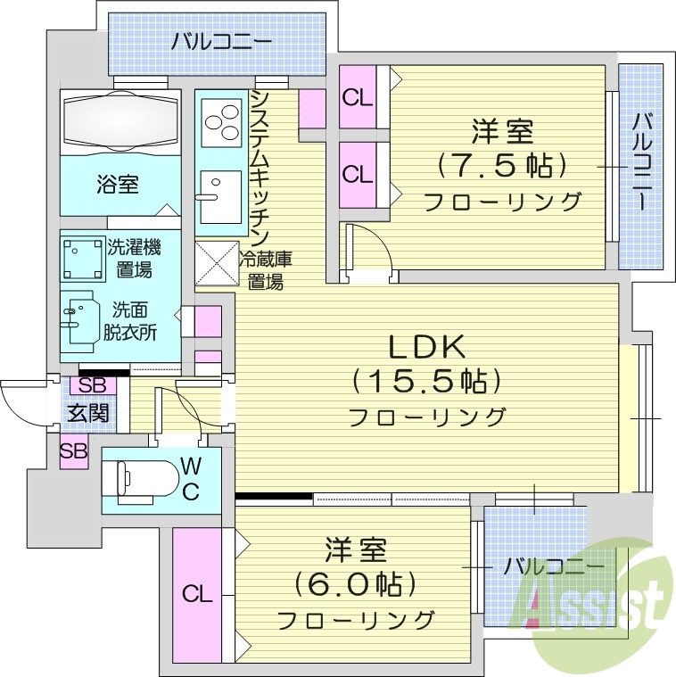 2LDK、収納、洗濯機置場、エアコン、バストイレ別